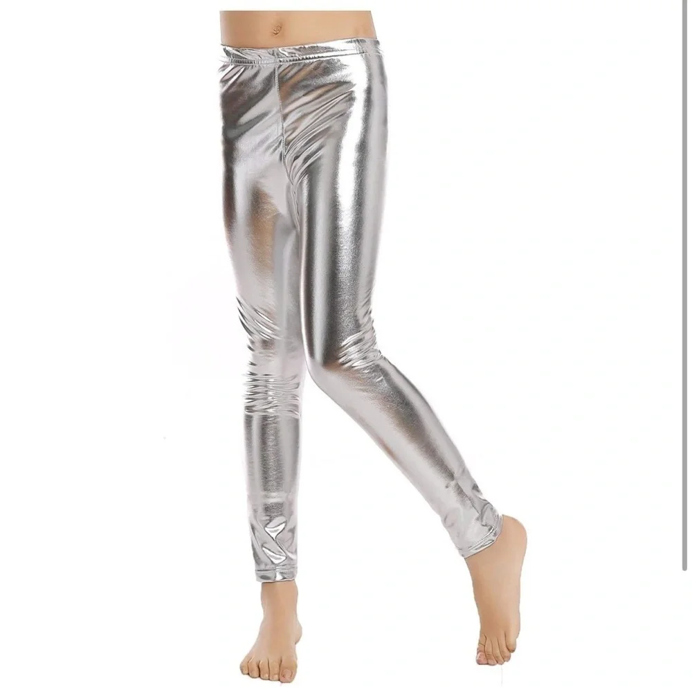 Girls' silver Metallic disco Shiny Stretch Leggings size medium